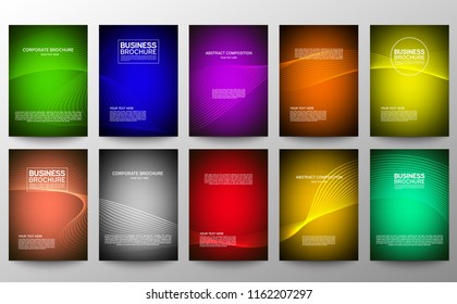 Cover geometric minimal. Set. Vector abstract line pattern for poster design. Set of templates for business brochures. Cool halftone gradients. Graphic pattern for annual album backdrop. Ten