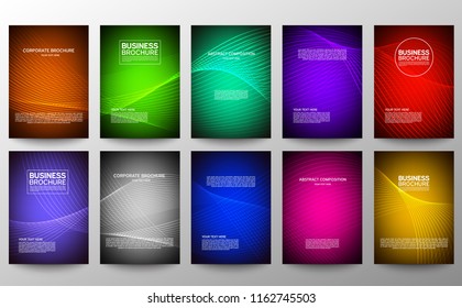 Cover geometric minimal. Set. Vector abstract line pattern for poster design. Set of templates for business brochures. Cool halftone gradients. Graphic pattern for annual album backdrop. Ten