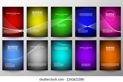 Cover geometric minimal. Set. Vector abstract line pattern for poster design. Set of templates for business brochures. Cool halftone gradients. Graphic pattern for annual album backdrop. Ten