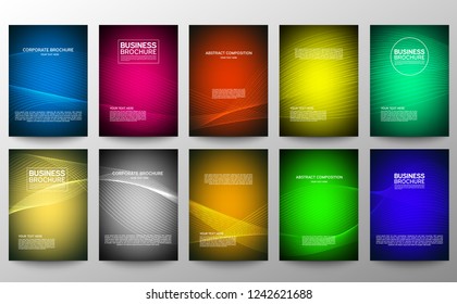 Cover geometric minimal. Set. Vector abstract line pattern for poster design. Set of templates for business brochures. Cool halftone gradients. Graphic pattern for annual album backdrop. Ten