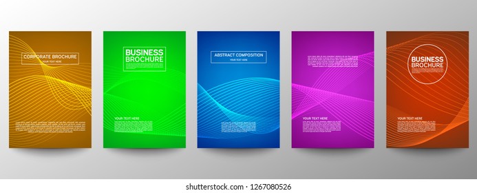 Abdeckung geometrisch minimal. Set. Abstraktes Vektorlinienmuster für Plakatdesign. Set von Vorlagen für Geschäftsbroschüren. Coole Farbverläufe. Grafisches Muster für jährliche Albumhintergründe.