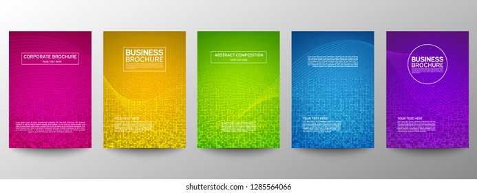 Cover geometric minimal. Set. Vector abstract dots pattern for poster design. Set of templates for business brochures. Cool halftone gradients. Graphic pattern for annual album backdrop.