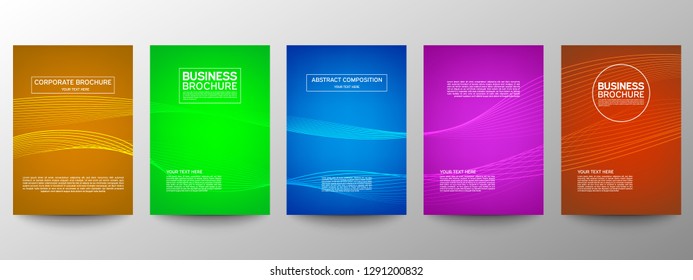 Cover geometric minimal. Set. Vector abstract line pattern for poster design. Set of templates for business brochures. Cool gradients. Graphic pattern for annual album backdrop.