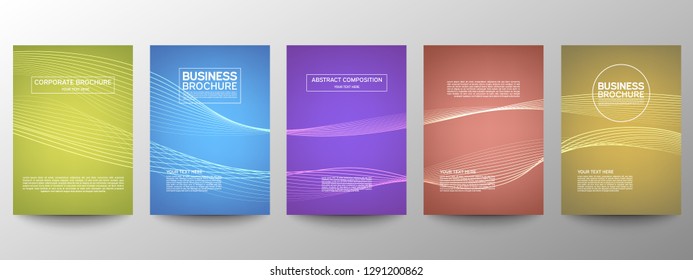 Cover geometric minimal. Set. Vector abstract line pattern for poster design. Set of templates for business brochures. Cool gradients. Graphic pattern for annual album backdrop.