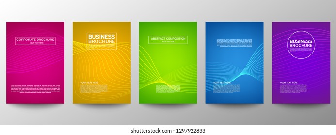 Cover geometric minimal. Set. Vector abstract line pattern for poster design. Set of templates for business brochures. Cool gradients. Graphic pattern for annual album backdrop.
