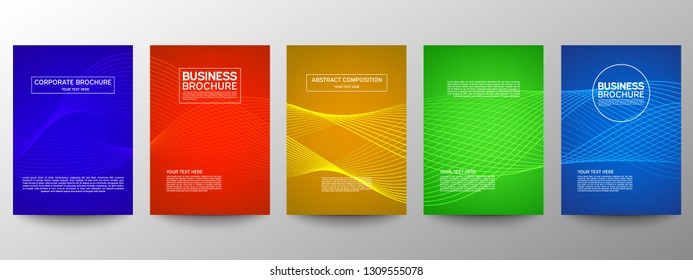 Abdeckung geometrisch minimal. Set. Abstraktes Vektorlinienmuster für Plakatdesign. Set von Vorlagen für Geschäftsbroschüren. Coole Farbverläufe. Grafisches Muster für jährliche Albumhintergründe.