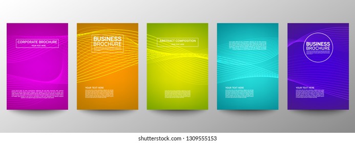 Cover geometric minimal. Set. Vector abstract line pattern for poster design. Set of templates for business brochures. Cool gradients. Graphic pattern for annual album backdrop.