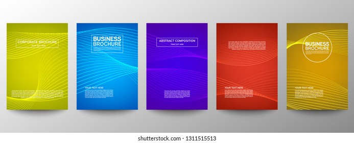 Cover geometric minimal. Set. Vector abstract line pattern for poster design. Set of templates for business brochures. Cool gradients. Graphic pattern for annual album backdrop.