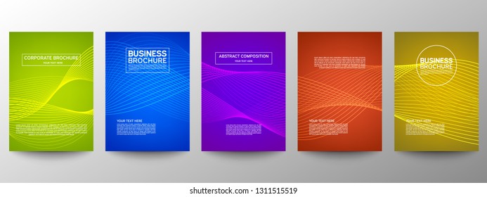 Cover geometric minimal. Set. Vector abstract line pattern for poster design. Set of templates for business brochures. Cool gradients. Graphic pattern for annual album backdrop.