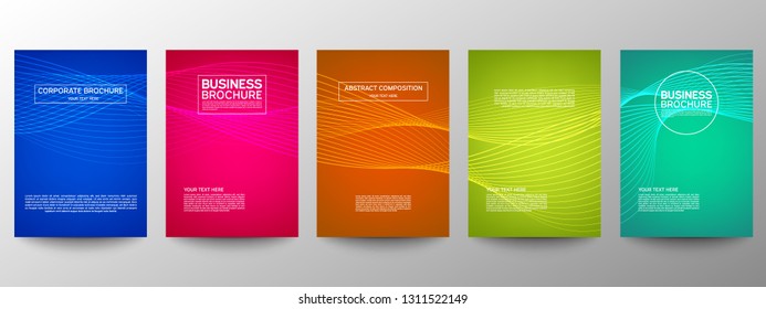 Cover geometric minimal. Set. Vector abstract line pattern for poster design. Set of templates for business brochures. Cool gradients. Graphic pattern for annual album backdrop.