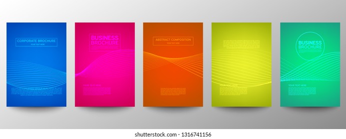 Cover geometric minimal. Set. Vector abstract line pattern for poster design. Set of templates for business brochures. Cool gradients. Graphic pattern for annual album backdrop.