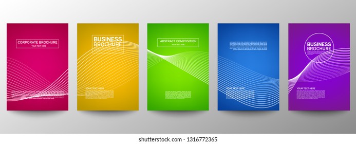 Cover geometric minimal. Set. Vector abstract line pattern for poster design. Set of templates for business brochures. Cool gradients. Graphic pattern for annual album backdrop.