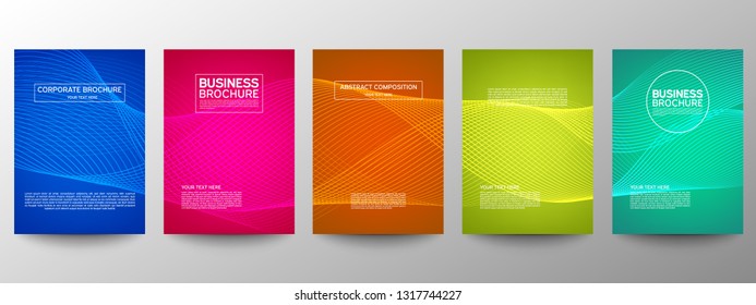 Cover geometric minimal. Set. Vector abstract line pattern for poster design. Set of templates for business brochures. Cool gradients. Graphic pattern for annual album backdrop.