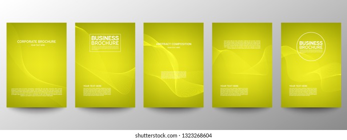 Cover geometric minimal. Set. Vector abstract line pattern for poster design. Yellow. Set of templates for business brochures. Cool gradients. Graphic pattern for annual album backdrop.