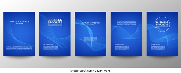 Cover geometric minimal. Set. Vector abstract line pattern for poster design. Blue. Set of templates for business brochures. Cool gradients. Graphic pattern for annual album backdrop.