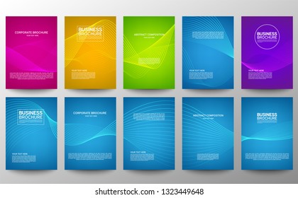 Cover geometric minimal. Set. Vector abstract line pattern for poster design. Set of templates for business brochures. Cool halftone gradients. Graphic pattern for annual album backdrop. Ten