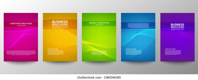 Cover geometric minimal. Set. Vector abstract line pattern for poster design. Set of templates for business brochures. Cool gradients. Graphic pattern for annual album backdrop.