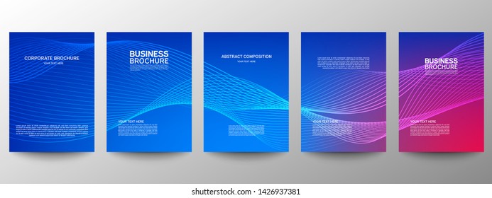 Cover geometric minimal. Set. Vector abstract line pattern for poster design. Set of templates for business brochures. Cool gradients. Graphic pattern for annual album backdrop.