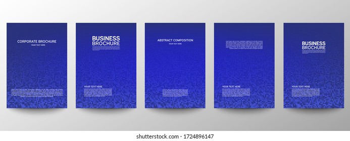 Mínimo geométrico de cobertura. Establecer. Patrón de puntos abstractos vectores para el diseño de afiches. Conjunto de plantillas para folletos comerciales. Gradientes de semitono frío. Patrón gráfico para el fondo anual del álbum.