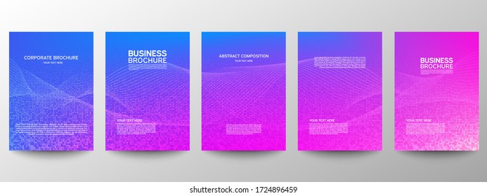 Cover geometric minimal. Set. Vector abstract dots pattern for poster design. Set of templates for business brochures. Cool halftone gradients. Graphic pattern for annual album backdrop.