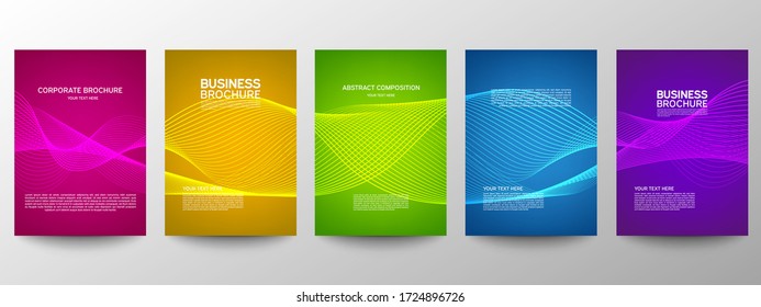 Cover geometric minimal. Set. Vector abstract line pattern for poster design. Set of templates for business brochures. Cool gradients. Graphic pattern for annual album backdrop.