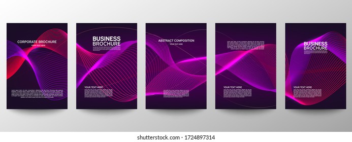 Mínimo geométrico de cobertura. Establecer. Patrón de línea abstracta vectorial para el diseño de afiches. Conjunto de plantillas para folletos comerciales. Gradientes geniales. Patrón gráfico para el fondo anual del álbum.