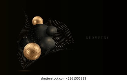 Cover with a geometric pattern. Vector 3d spheres with golden dots, sparkling wavy pattern. Abstract dark background.