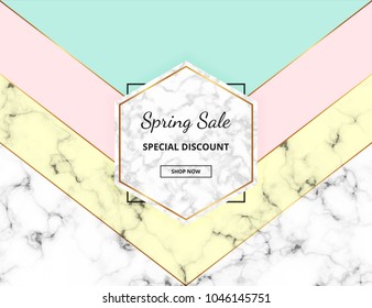 Cover geometric placard design with marble texture and gold glitter lines, blue, yellow and pink colors background. Template for design card, banner, online, email, web, social media, flyer
