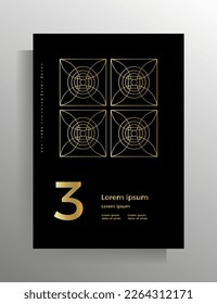 Abdeckung im geometrischen Stil. Design-Vorlage für Buch, Broschüre, Poster, Ordner, Flyer, Lehrbuch. A4-Format. Vektormuster mit goldenen Linien.