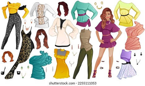 Cover Girl Paper Doll mit bewundernswerter Lady, Outfits, Frisuren und Zubehör. Vektorgrafik