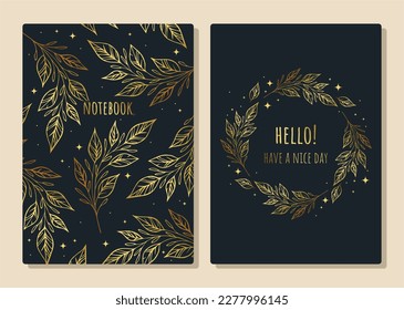 Cubre el diseño dorado con patrón de hojas. Aplicable a la portada, el planificador, el folleto, el libro, el catálogo, etc. 