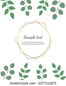 Cover with golden geometric polygonal frame and leaves eucalyptus. Botanical design template for wedding, invitation, save the date, banner, poster, card, placard, flyer, invite, greeting
