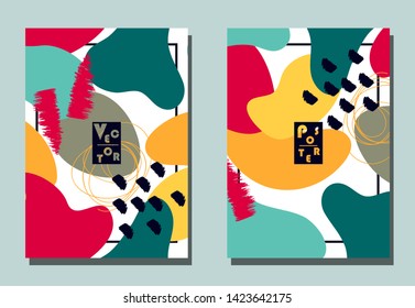 Cover with graphic elements - abstract shapes. Two modern vector flyers in avant-garde collage style. Geometric wallpaper for business brochure, cover design. 
