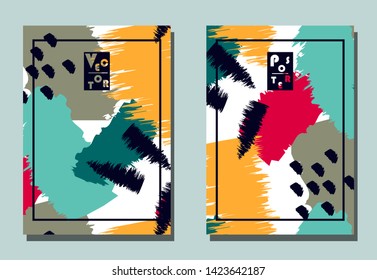 Cover with graphic elements - abstract shapes, paint strokes. Two modern vector flyers in avant-garde collage style. Geometric wallpaper for business brochure, cover design. 