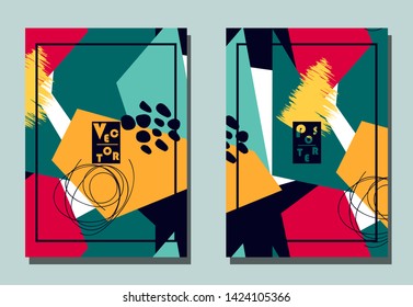 Cover with graphic elements - abstract shapes. Two modern vector flyers in avant-garde collage style. Geometric wallpaper for business brochure, cover design. 