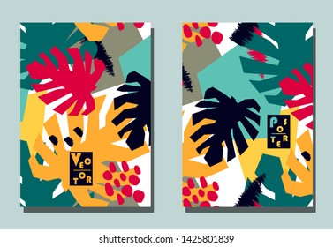Cover with graphic elements - abstract shapes and monstera leaves. Two modern vector flyers in avant-garde collage style. Geometric wallpaper for business brochure, cover design. 
