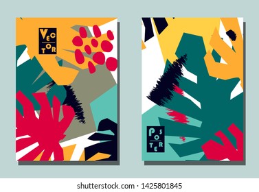 Cover with graphic elements - abstract shapes and monstera leaves. Two modern vector flyers in avant-garde collage style. Geometric wallpaper for business brochure, cover design. 
