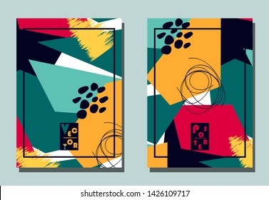 Cover with graphic elements - abstract shapes. Two modern vector flyers in avant-garde collage style. Geometric wallpaper for business brochure, cover design. 