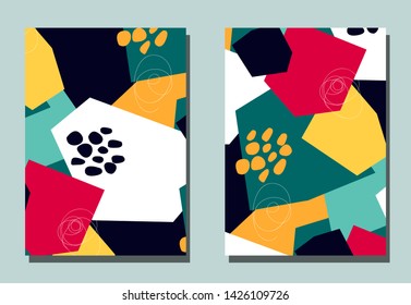 Cover with graphic elements - abstract shapes. Two modern vector flyers in avant-garde collage style. Geometric wallpaper for business brochure, cover design. 