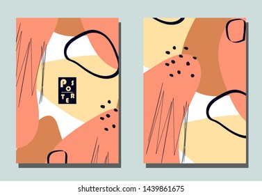 Cover with graphic elements - abstract shapes. Two modern vector flyers in avant-garde collage style. Geometric wallpaper for business brochure, cover design. 