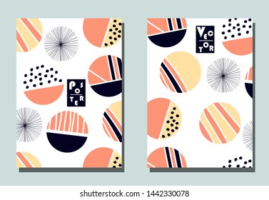 Cover with graphic elements - abstract shapes: circles and lines. Two modern vector flyers in avant-garde  style. Geometric wallpaper for business brochure, cover design. 