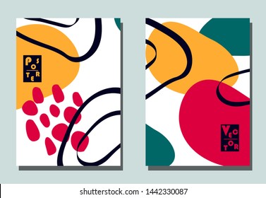 Cover with graphic elements - abstract shapes: circles and lines. Two modern vector flyers in avant-garde  style. Geometric wallpaper for business brochure, cover design. 