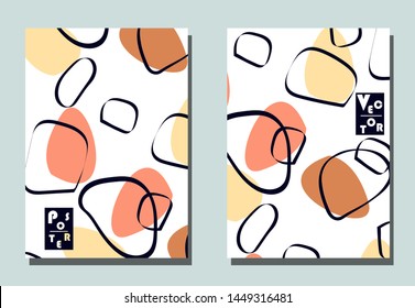 Cover with graphic elements - abstract shapes. Two modern vector flyers in avant-garde collage style. Geometric wallpaper for business brochure, cover design. 