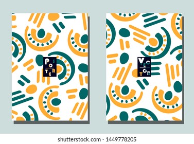 Cover with graphic elements - abstract shapes. Two modern vector flyers in avant-garde  style. Geometric wallpaper for business brochure, cover design. 