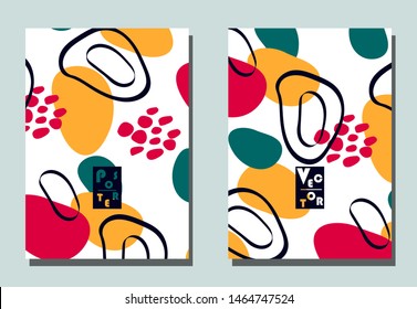 Cover with graphic elements - abstract shapes: circles and lines. Two modern vector flyers in avant-garde  style. Geometric wallpaper for business brochure, cover design. 