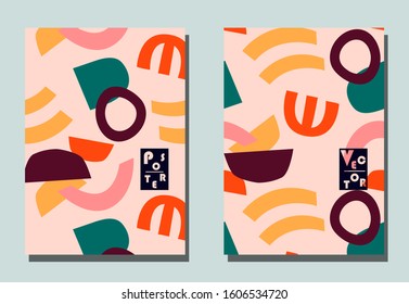 Cover with graphic elements - abstract shapes. Two modern vector flyers in puzzle  style. Geometric wallpaper for business brochure, cover design. 