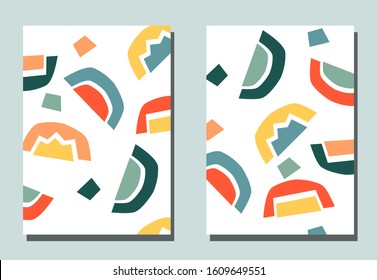 Cover with graphic elements - abstract shapes. Two modern vector flyers in puzzle  style. Geometric wallpaper for business brochure, cover design. 