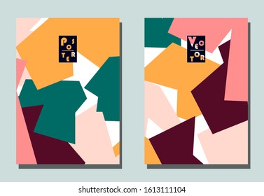 Cover with graphic elements - abstract shapes. Two modern vector flyers in puzzle  style. Geometric wallpaper for business brochure, cover design. 