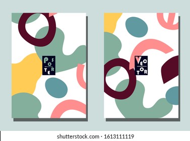 Cover with graphic elements - abstract shapes. Two modern vector flyers in puzzle  style. Geometric wallpaper for business brochure, cover design. 