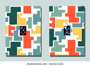 Cover with graphic elements - abstract shapes. Two modern vector flyers in puzzle  style. Geometric wallpaper for business brochure, cover design. 